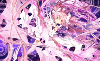 1girl absurdly_long_hair aiming artist_request bow bow_(weapon) breasts chest_jewel choker cleavage cleavage_cutout closed_mouth clothing_cutout collarbone diamond_cutout dot_nose dress dutch_angle feet_out_of_frame fire floating_clothes floating_hair frilled_sleeves frills game_cg gem hair_between_eyes hair_bow happy highres holding holding_bow_(weapon) holding_weapon kaname_madoka light_blush light_particles long_dress long_hair looking_at_viewer magic_circle mahou_shoujo_madoka_magica mahou_shoujo_madoka_magica_magia_exedra official_art pink_fire pink_gemstone pink_hair pink_thighhighs pleated_sleeves pyrokinesis short_sleeves smile solo space space_print starry_sky_print tareme thighhighs two-sided_dress two-sided_fabric two_side_up ultimate_madoka very_long_hair weapon white_bow white_choker wide_sleeves yellow_eyes