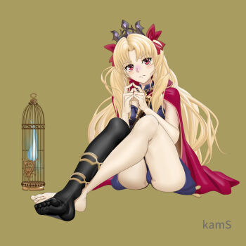 1girl anklet artist_name ass black_thighhighs blonde_hair blue_leotard blush bow cage cape ereshkigal_(fate) fate/grand_order fate_(series) feet gold_anklet hair_bow jewelry kams leotard long_hair looking_at_viewer nose_blush panties pantyshot red_bow red_cape red_eyes simple_background single_bare_foot single_thighhigh sitting soul thighhighs underwear very_long_hair