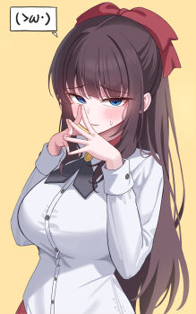 Rule 34 | 1girl, absurdres, black hair, blue eyes, blush, breasts, closed mouth, commentary, dress shirt, hair ribbon, hands up, highres, kudo 0802, large breasts, long hair, long sleeves, looking at viewer, new game!, own hands together, raised inner eyebrows, red ribbon, ribbon, shirt, simple background, small sweatdrop, solo, steepled fingers, takimoto hifumi, upper body, wavy mouth, white shirt, wide ponytail, yellow background