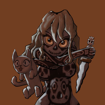 1girl absurdres animal bodypaint borrowed_character breasts brown_hair cat facepaint halloween halloween_costume highres holding holding_animal holding_cat holding_knife knife large_breasts long_hair looking_at_viewer navel nude orange_background orange_eyes original skull skull_facepaint smile soandnb standing upper_body