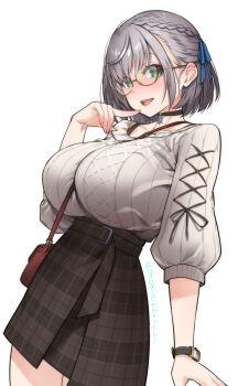 Rule 34 | 1girl, artist name, bag, between breasts, black choker, black ribbon, black skirt, blue ribbon, bob cut, braid, breasts, brown-framed eyewear, brown bag, choker, commentary request, glasses, green eyes, grey hair, hair ribbon, hands up, high-waist skirt, highres, hololive, huge breasts, index finger raised, leaf, looking at viewer, nanase meruchi, official alternate hairstyle, open mouth, ribbon, semi-rimless eyewear, shirogane noel, shirogane noel (casual), short hair, shoulder bag, simple background, skirt, solo, strap between breasts, sweater, sweater tucked in, teeth, tree, under-rim eyewear, upper teeth only, virtual youtuber, watch, white background, white sweater, wristwatch