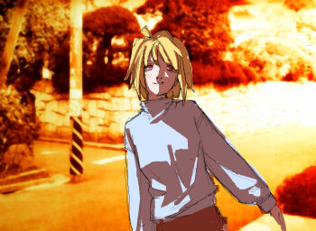 1girl ahoge arcueid_brunestud blonde_hair blush chell_visceras facing_viewer hair_intakes leaning_to_the_side partially_shaded_face purple_skirt red_eyes short_hair sketch skirt smile solo solo_focus sweater tsukihime turtleneck turtleneck_sweater white_sweater