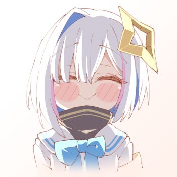 1girl amane_kanata amane_kanata_(1st_costume) black_dress blue_hair closed_eyes closed_mouth dress hair_intakes halo highres hololive jacket kukie-nyan medium_hair multicolored_hair pink_streaks smile star_halo streaked_hair turtleneck turtleneck_dress virtual_youtuber white_background white_jacket