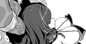 1girl azur_lane azur_lane:_slow_ahead bow bow_bra bra breasts cleavage commentary_request from_above greyscale hori_(hori_no_su) horns huge_breasts monochrome multicolored_hair official_alternate_costume official_art queen_anne&#039;s_revenge_(azur_lane) queen_anne&#039;s_revenge_(call_of_the_creeping_embrace)_(azur_lane) ribbon_as_bra simple_background solo streaked_hair suction_cups tentacles underwear white_background