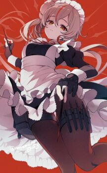 1girl apron black_dress black_gloves black_panties black_pantyhose breasts brown_hair dress frilled_dress frills gloves hair_bun highres holding holding_needle holster long_sleeves looking_at_viewer maid medium_breasts momoyama_momo multicolored_hair needle original panties pantyhose partially_fingerless_gloves red_background red_eyes red_hair simple_background single_hair_bun solo streaked_hair thigh_holster underwear white_apron wrist_cuffs