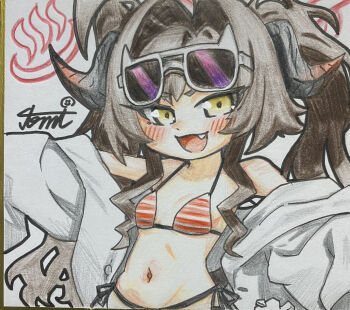 1girl absurdres ahoge bikini blue_archive commentary_request eyewear_on_head fang hair_intakes highres horns kasumi_(blue_archive) long_hair navel shikishi solo sunglasses swimsuit tomimon traditional_media yellow_eyes