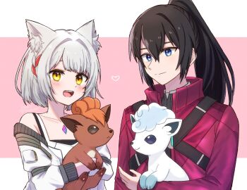 1boy 1girl alolan_form alolan_vulpix animal_ears black_hair blue_eyes cat_ears cat_girl chest_jewel commentary_request gen_1_pokemon gen_7_pokemon grey_hair heart holding holding_pokemon jacket miasuke mio_(xenoblade) nintendo noah_(xenoblade) pink_background pokemon pokemon_(creature) ponytail red_jacket smile twitter_username vulpix xenoblade_chronicles_(series) xenoblade_chronicles_3 yellow_eyes