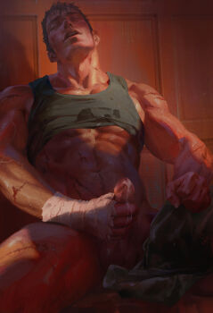 1boy abs bandaged_hand bandages bara berserk black_hair bottomless closed_eyes clothes_lift collarbone commentary cum ejaculation english_commentary guts_(berserk) highres holding holding_unworn_clothes luluzhang998873 male_focus male_masturbation masturbation muscular muscular_male orgasm parted_lips penis scar scar_on_leg shirt_lift short_hair sitting solo tank_top testicles