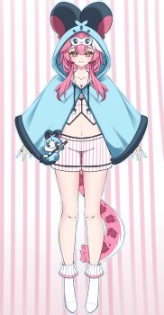 1girl blue_capelet blue_mask blush breasts capelet character_mask chattino_(raora_panthera) cleavage closed_mouth collarbone commentary english_commentary full_body highres hololive hololive_english hood hooded_capelet large_breasts long_hair looking_at_viewer mask mikanskiy multicolored_hair navel panther_girl panther_tail pink_background pink_hair pink_shirt pink_shorts pink_tail raora_panthera shirt shorts sleep_mask smile socks solo stomach streaked_hair striped_background striped_clothes striped_shirt striped_shorts tail thighs two-tone_shirt two-tone_shorts vertical-striped_background vertical-striped_clothes vertical-striped_shirt vertical-striped_shorts virtual_youtuber white_shirt white_shorts white_socks yellow_eyes