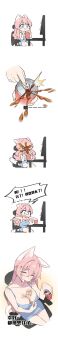 &gt;_&lt; 1girl :3 absurdres animal_ears bare_shoulders blue_dress blue_eyes blush breasts bust_cup can cat_ears cat_girl cat_tail chair chibi chibi_inset chinese_text cleavage closed_eyes closed_mouth collarbone commentary desk dress drink extra_ears fingernails fiodo flying_sweatdrops heart highres holding holding_can large_breasts long_hair long_image monitor nail_polish open_mouth opening_can original pink_hair pouring simple_background smile soda solo_focus speech_bubble swivel_chair symbol-only_commentary tail tall_image thighs tongue tongue_out white_background white_tail xiao_me yellow_nails