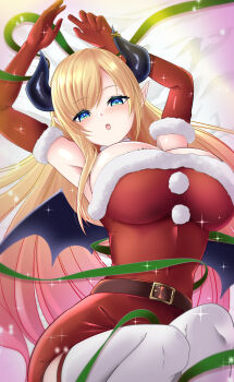 1girl armpits bare_shoulders black_horns black_wings blonde_hair blue_eyes blush breasts christmas cleavage commentary demon_girl demon_horns demon_wings dress english_commentary gloves highres hololive horns large_breasts long_hair pointy_ears red_dress red_gloves solo strapless strapless_dress virtual_youtuber wings yappy_(yapis_company) yuzuki_choco