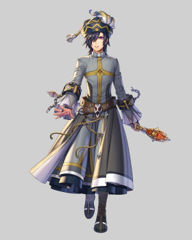 ankle_boots artist_request asgard belt black_hair blue_hat boots bridal_gauntlets brown_belt brown_boots cleric_(asgard) clerical_collar coat frilled_sleeves frills frock_coat grey_background grey_coat grey_sleeves hair_over_one_eye hat hat_feather highres holding holding_wand long_sleeves multicolored_feathers nexon official_art parted_bangs purple_eyes second-party_source solo studded_belt tassel v-shaped_eyebrows walking walking_towards_viewer wand