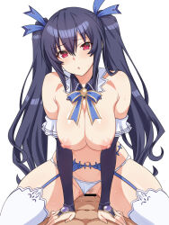 1boy 1girl bar_censor bare_shoulders black_hair blue_bow bow breasts censored choujigen_game_neptune clothing_aside elbow_gloves garter_belt garter_straps gloves highres large_breasts long_hair neptune_(series) nipples noire_(neptunia) panties panties_aside red_eyes sex simple_background solo_focus thighhighs twintails underwear white_background white_panties white_thighhighs zatsu