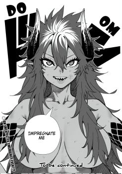 1girl body_markings breasts convenient_censoring dark_skin dragon_horns greyscale hands_on_own_hips highres horns large_breasts long_hair looking_at_viewer messy_hair monochrome non-web_source pointy_ears requesting_impregnation scales senki_survival_saga_-_isekai_no_unmei_wo_kaketa_mujintou_fujun_iseikouyuu sharp_teeth solo sound_effects speech_bubble teeth thick_eyelashes to_be_continued topless_female upper_body