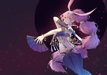 1girl absurdres animal_ears arabian_clothes breasts earrings folding_fan fox_ears gypsy hair_between_eyes hair_ornament hand_fan highres holding holding_fan holding_knife honkai_(series) honkai_impact_3rd jewelry knife long_hair navel pants pink_eyes ponytail purple_pants purple_sleeves single_sleeve solo yae_sakura yichuanxue
