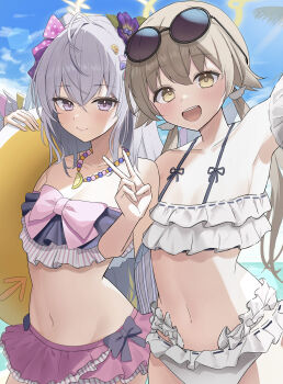 Rule 34 | 2girls, absurdres, armpits, azusa (blue archive), azusa (swimsuit) (blue archive), bag, beach, bikini, blue archive, breasts, brown eyes, brown hair, closed mouth, collarbone, commentary request, day, eyewear on head, feathered wings, hair between eyes, halo, hifumi (blue archive), hifumi (swimsuit) (blue archive), highres, long hair, looking at viewer, multiple girls, nano (nandemo note31), navel, ocean, official alternate costume, open mouth, outdoors, pink hair, purple eyes, round eyewear, ruffle bikini, shoulder bag, sky, small breasts, smile, stomach, sunglasses, swimsuit, twintails, v, very long hair, water, white bikini, white hair, white wings, wings, yellow halo