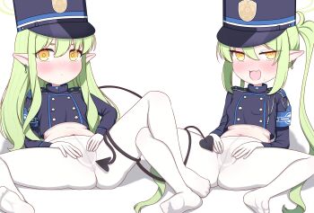2girls absurdres armband blackness_(blackness661) blue_archive blue_armband blue_jacket blush breasts closed_mouth commentary_request demon_girl demon_tail earrings green_hair green_halo halo highres hikari_(blue_archive) interlocked_legs jacket jewelry loli long_hair long_sleeves looking_at_viewer multiple_girls no_pants no_shoes nozomi_(blue_archive) pantyhose pointy_ears siblings simple_background sisters small_breasts spread_pussy spread_pussy_under_clothes tail tail_around_another&#039;s_leg tail_wrap twins twintails very_long_hair white_background white_pantyhose yellow_eyes