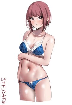 1girl absurdres arm_at_side blue_bra blue_panties blush bow bow_panties bra breasts brown_eyes brown_hair cowboy_shot highres kantai_collection medium_breasts navel panties short_hair simple_background solo standing tf_cafe twitter_username underwear underwear_only white_background z3_max_schultz_(kancolle)