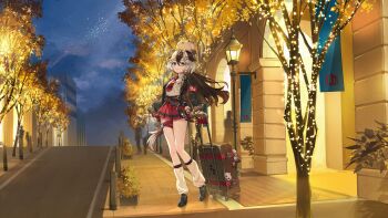 1girl absurdres animal animal_on_head armband autumn autumn_leaves belt black_hair black_jacket black_shoes closed_mouth coralie_6626_planck coralie_6626_planck_(puppy_patrol) full_body gloves grey_eyes grey_hair hair_between_eyes hair_ornament half_gloves highres honkai_(series) honkai_impact_3rd jacket leaf long_hair long_sleeves looking_at_viewer loose_socks multicolored_hair necktie official_alternate_costume on_head outdoors pleated_skirt red_armband red_belt red_necktie red_skirt second-party_source shirt shoes skirt smile socks solo standing tail thigh_belt thigh_strap two-tone_hair weapon white_shirt white_socks yu-ri_(arium047)