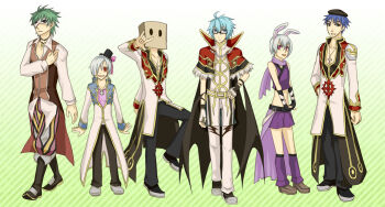 6+boys animal_ears assassin_(ragnarok_online) bag bag_on_head baggy_pants beret black-framed_eyewear black_boots black_coat black_gloves black_hat black_pants black_shoes blue_coat blue_hair boots brown_vest capelet closed_mouth clown_(ragnarok_online) coat collared_shirt commentary_request crop_top cross cross_necklace cross_of_prontera expressionless fake_animal_ears fingerless_gloves full_body fur-trimmed_capelet fur_trim glasses gloves gold_trim green_background green_hair grey_hair hair_over_one_eye hat high_priest_(ragnarok_online) high_wizard_(ragnarok_online) jewelry long_sleeves looking_at_viewer male_focus masago_(abyss_child) mask masquerade_mask mini_hat mini_top_hat multicolored_coat multiple_boys necklace open_mouth pants paper_bag pink_shirt purple_pants purple_shirt purple_shorts rabbit_ears ragnarok_online red_capelet red_coat red_eyes shirt shoes short_hair shorts sleeveless sleeveless_shirt smile standing striped_background top_hat two-tone_coat undershirt vest white_coat white_gloves white_pants white_shirt