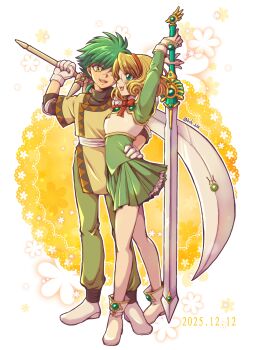 1boy 1girl :d armor armored_dress bare_legs brown_hair commentary_request curly_hair dated dress escudo_sword_(rayearth) ferio_(rayearth) glasses gloves green_eyes green_hair green_pants green_shirt green_skirt hairband hand_on_another's_waist highres holding holding_sword holding_weapon hououji_fuu looking_at_another magic_knight_rayearth messy_hair open_mouth orange_background pants pino_(pixiv2314364) pleated_skirt red_hairband scar scar_on_face scar_on_nose shirt shoes short_hair skirt smile sword twitter_username weapon white_gloves white_shoes yellow_eyes yellow_shirt