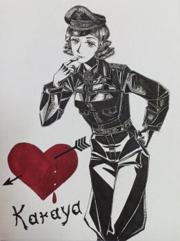 1girl absurdres belt black_jacket bordfunker133 collar_tabs cross curly_hair erich_hartmann finger_to_mouth genderswap genderswap_(mtf) greyscale hand_on_own_hip hartmann-chan_(bordfunker133) hat heart highres iron_cross jacket leaning_forward leather leather_jacket luftwaffe military monochrome nazi original pants peaked_cap photo_(medium) real_life reichsadler short_hair shoulder_boards soldier solo swastika world_war_ii