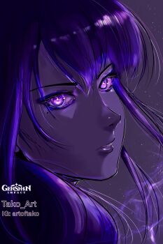 1girl blue_eyeliner close-up commentary copyright_name eyelashes eyeliner floating_hair genshin_impact hair_between_eyes highres instagram_username makeup mole parted_lips purple_eyes purple_hair purple_theme raiden_shogun sidelocks solo stupidtako