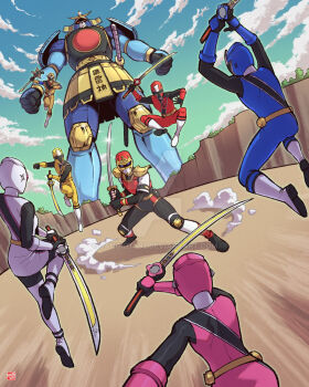 Rule 34 | 2girls, 5boys, akaninger, aoninger, armor, bangkits92, battle, belt, black sash, blue bodysuit, bodysuit, breasts, crossover, gloves, gold belt, gold helmet, helmet, highres, holding, holding sword, holding weapon, jiraiya (snsj), katana, kininger, mask, metal hero, momoninger, multicolored armor, multicolored bodysuit, multiple boys, multiple girls, nin shuriken, ninja, pink trim, red bodysuit, red helmet, red mask, sash, sekai ninja sen jiraiya, shironinger, shuriken, shuriken sentai ninninger, starninger, super sentai, sword, tokusatsu, two-tone bodysuit, weapon