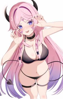1girl absurdres bare_shoulders bikini black_bikini black_choker black_horns black_nails black_tail blush braid breasts choker citlali_(genshin_impact) claw_pose cleavage collarbone demon_girl demon_horns demon_wings facial_mark fingernails forehead_mark genshin_impact halloween highres horns large_breasts lilack_gg long_hair looking_at_viewer nail_polish navel open_mouth pink_hair pink_pupils purple_eyes simple_background smile solo stomach swimsuit thighs triangle triangle_facial_mark white_background wings