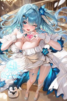 1girl ;d ahoge aqua_eyes aqua_hair bad_source bare_shoulders bead_bracelet beads bird blue_eyes blue_gem blue_hair blush bracelet breasts character_request cleavage detached_collar dress earrings falling_petals floating_hair flower frilled_dress frills from_above full_body gem gloves hair_between_eyes hair_flower hair_ornament heart heart_hands high_heels highres indie_virtual_youtuber indoors jewelry large_breasts leg_ribbon long_hair looking_at_viewer lower_teeth_only meion off-shoulder_dress off_shoulder one_eye_closed one_side_up open_mouth penguin petals ribbon ring signature smile solo stairs standing teeth thigh_strap two-sided_fabric virtual_youtuber white_gloves