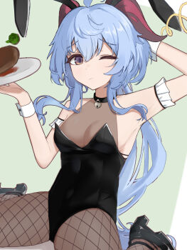 1girl ahoge alternate_costume animal_ears arm_up armpits bare_shoulders black_choker black_leotard black_shoes blue_hair blush border breasts broccoli brown_pantyhose choker closed_mouth commentary_request covered_navel fake_animal_ears fishnet_pantyhose fishnets food frills ganyu_(genshin_impact) genshin_impact goat_horns green_background hair_between_eyes hand_on_own_head hand_up heart heart_choker high_heels highres holding holding_plate horns keyhole latex latex_leotard leotard long_hair looking_at_viewer low_ponytail medium_breasts multicolored_eyes one_eye_closed outside_border pantyhose plate playboy_bunny ponytail purple_eyes purple_pupils rabbit_ears shoes sidelocks simple_background sitting solo spread_legs squiggle steak strapless strapless_leotard thighs ueda_reina user_wapz7472 wavy_hair white_border wrist_cuffs yellow_eyes