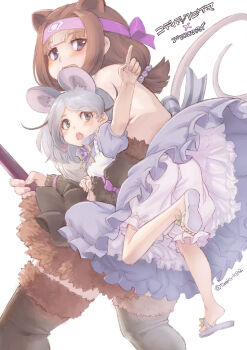 2girls animal_ears apron bare_shoulders bear_ears bear_girl bloomers blue_dress blush bow bowtie brown_fur brown_hair brown_skirt brown_thighhighs carrying carrying_person cowboy_shot dress extra_ears flower_neckwear frilled_dress frills fur_trim grey_eyes grey_hair hair_between_eyes hairband height_difference highres honey_possum_(kemono_friends) kemono_friends kodiak_bear_(kemono_friends) kosai_takayuki multicolored_hair multiple_girls open_mouth pink_hairband possum_ears possum_girl possum_tail puffy_short_sleeves puffy_sleeves sandals short_hair short_sleeves short_twintails sidelocks skirt sleeveless thighhighs twintails two-tone_hair underwear white_apron white_bloomers white_hair white_sandals yellow_bow yellow_bowtie