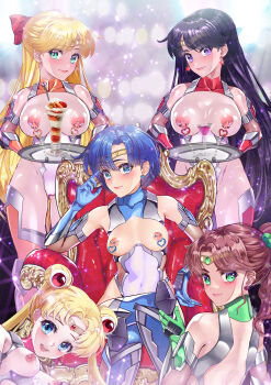5girls absurdres aino_minako arion_canvas bishoujo_senshi_sailor_moon blonde_hair blue_hair bow breasts brown_hair exhibitionism food green_eyes hand_on_own_hip high_ponytail highres hino_rei ice_cream kino_makoto magical_girl mizuno_ami multiple_girls nipple_piercing nipples parted_bangs piercing ponytail public_indecency purple_eyes red_bow sailor_jupiter sailor_mars sailor_mercury sailor_moon sailor_venus tsukino_usagi