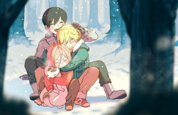 Rule 34 | 1girl, 2boys, aged down, animal, arm around neck, black hair, blonde hair, blush, boots, cat, chainsaw man, closed eyes, coat, commentary request, demon girl, denji (chainsaw man), forest, gloves, green coat, grey coat, grey gloves, hair between eyes, hand in another's hair, hand on another's head, hayakawa aki, highres, holding, holding animal, holding cat, horns, hug, hug from behind, korean commentary, laughing, leeshoon0609, long hair, meowy (chainsaw man), multiple boys, nature, open mouth, power (chainsaw man), red coat, red horns, shoes, short hair, sitting, smile, sneakers, snow, white shoes, winter, winter clothes
