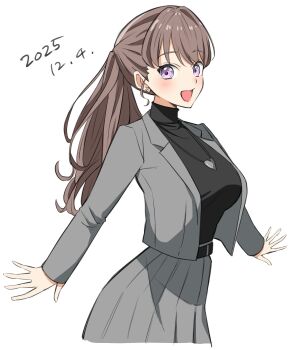 1girl bien_(djpwjd1) black_sweater breasts brown_hair cowboy_shot dated earrings fujishima_megumi fujishima_megumi_(post-graduation) grey_jacket grey_skirt heart heart_earrings heart_necklace highres jacket jewelry large_breasts link!_like!_love_live! long_hair long_sleeves looking_at_viewer love_live! necklace official_alternate_costume open_clothes open_jacket pleated_skirt purple_eyes sidelocks simple_background skirt solo stud_earrings suit_jacket sweater turtleneck turtleneck_sweater virtual_youtuber white_background