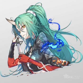 1girl arknights chest_sarashi commentary_request gloves green_hair hellnyaa highres holding holding_sheath holding_sword holding_weapon horns hoshiguma_(arknights) hoshiguma_the_breacher_(arknights) jewelry long_hair ponytail red_gloves ring sarashi sheath single_horn skin-covered_horns solo sword unsheathing upper_body weapon yellow_eyes