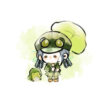 Rule 34 | 1girl, black-framed eyewear, boots, braid, braided hair rings, brown boots, brown eyes, chibi, chinese commentary, collared jacket, commentary request, croaker (infinity nikki), expressionless, fengmi youzi hua, frog, froggy fashion (infinity nikki), goggles, goggles on headwear, green background, green hat, green jacket, green skirt, green socks, grey hair, hair rings, hat, highres, holding, holding plant, infinity nikki, jacket, kneehighs, light particles, lily pad, long hair, long sleeves, looking at another, miniskirt, newsboy cap, nikki (series), plant, pleated skirt, puffy long sleeves, puffy sleeves, round eyewear, shirt, skirt, socks, solid oval eyes, standing, two-tone background, white background, yellow shirt
