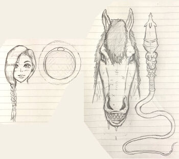 1boy 1girl absurdres bianca_(dq5) braid braided_ponytail dragon_quest dragon_quest_v evil_grin evil_smile front_ponytail grin highres horse horse_boy interspecies jyami long_hair looking_at_viewer mature_female monochrome monster_boy motherly_netorare ovum ponytail smile sperm_cell traditional_media