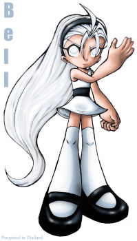 1girl arm_up bell_(ppgd) black_hairband black_shoes clenched_hand dress dress_shoes english_text grey_eyes hairband highres long_bangs long_hair open_hand powerpuff_girls powerpuff_girls_doujinshi propimol shoes short_dress sleeveless solo standing thighhighs v-shaped_eyebrows very_long_hair white_background white_dress white_hair white_thighhighs