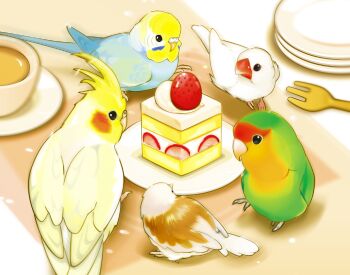 animal animal_focus bird budgerigar_(bird) cake cake_slice circle_formation cockatiel commentary cup finch food food_focus fork fruit java_sparrow looking_at_food lovebird no_humans original parrot plate strawberry strawberry_shortcake torikawawa white_java_sparrow