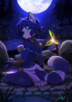 animal_ears bikini blue_fur blue_hair breasts forest fox fox_ears fox_girl fox_tail furry furry_female highres jecbrush jewelry krystal loincloth looking_back moon moonlight nature nintendo rock staff star_fox star_fox_adventures swimsuit tail tattoo tribal_clothes tribal_tattoo