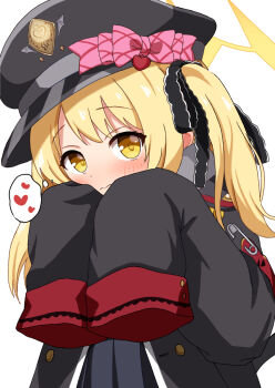 1girl 3: armband black_hat black_jacket black_ribbon blonde_hair blue_archive blush bow closed_mouth comiching commentary_request ear_blush hair_between_eyes hair_ribbon halo hands_up hat hat_bow hat_ornament heart heart_hat_ornament highres ibuki_(blue_archive) jacket long_hair looking_at_viewer peaked_cap pink_bow red_armband ribbon shy simple_background sleeves_past_fingers sleeves_past_wrists solo speech_bubble spoken_heart thought_bubble twintails upper_body white_background wide_sleeves yellow_eyes yellow_halo