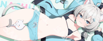 1girl absurdres ahoge animal_ear_fluff animal_ears bikini black_bikini blue_eyes blue_jacket blue_shorts breasts cat cat_ears cat_tail controller dolphin_shorts game_controller gamepad grey_hair hair_between_eyes hair_ornament highres indie_virtual_youtuber jacket lying nachu_(vtuber) navel on_back open_clothes open_jacket schwarz_rubin shorts small_breasts smile solo stomach swimsuit tail thighs virtual_youtuber