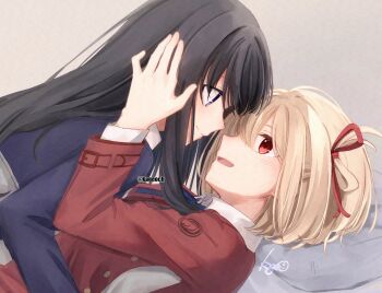 2girls black_hair blonde_hair blue_dress blush closed_mouth commentary dress eye_contact grey_background hair_ribbon hand_on_another's_head highres inoue_takina kage_ochi long_hair long_sleeves looking_at_another lycoris_recoil lycoris_uniform lying medium_hair multiple_girls nishikigi_chisato on_back one_side_up open_mouth purple_eyes red_eyes red_ribbon ribbon smile upper_body yuri