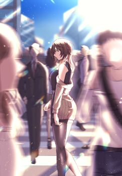1girl aketa_mikoto black_dress black_pantyhose breasts brown_hair brown_jacket commentary_request crosswalk dress highres idolmaster idolmaster_shiny_colors jacket jacket_partially_removed kaiyuugyo_(furafura_sunna) kneepits large_breasts looking_at_viewer motion_blur outdoors pantyhose people profile sideways_glance sleeveless sleeveless_dress solo_focus