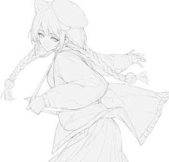 1girl alucard_pie animal_ears animal_hair_ornament bag beret cardigan closed_mouth commentary cowboy_shot dog_ears dress eyelashes flower from_side greyscale hair_flower hair_ornament hat highres holding_strap inui_toko inui_toko_(fall_casual) long_hair long_sleeves looking_at_viewer looking_to_the_side low_twintails monochrome nijisanji one_ear_down shoulder_bag simple_background sketch smile solo twintails unfinished very_long_hair virtual_youtuber