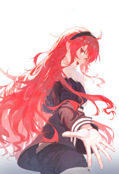 1girl absurdres ahoge black_hairband black_jacket black_shorts commentary cowboy_shot curly_hair eris_greyrat foreshortening fur-trimmed_jacket fur_trim gradient_background grey_background hairband highres jacket long_hair long_sleeves looking_at_viewer mushoku_tensei palms profile reaching reaching_towards_viewer red_hair shorts solo suikagcy very_long_hair white_background