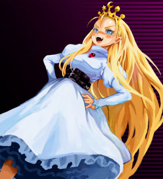 Rule 34 | 1girl, armored warriors, belt, blonde hair, blue eyes, capcom, corset, crown, cyberbots, devilot de deathsatan ix, dress, fang, female focus, forehead, gem, hair slicked back, hands on own hips, laughing, long hair, multiple belts, narrow waist, petticoat, solo, very long hair, white dress, yoshida ichitora