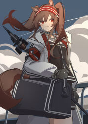 Rule 34 | 1girl, :|, absurdres, angelina (arknights), animal ears, arknights, bag, black bag, black collar, black gloves, black shirt, bright pupils, brown hair, chichi guai, closed mouth, cloud, cloudy sky, coat, collar, duffel bag, earpiece, film grain, fox ears, fox girl, gloves, hairband, highres, holding, holding staff, infection monitor (arknights), jacket, long hair, long sleeves, material growth, no nose, open clothes, open coat, oripathy lesion (arknights), red eyes, red hairband, shirt, sky, smile, solo, staff, striped clothes, striped hairband, twintails, two-tone hairband, unzipped, white coat, white pupils