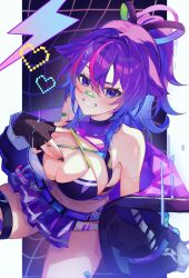 1girl absurdres bandaid bandaid_on_arm bandaid_on_face bandaid_on_nose bandaid_on_thigh belt bikini black_bikini black_gloves black_nails blue_hair blush breasts cleavage closed_mouth elbow_gloves fingerless_gloves gloves highres large_breasts looking_at_viewer medium_hair melody_(projektmelody) melody_(projektmelody)_(summer) multicolored_hair nail_polish pink_hair ponytail purple_belt purple_eyes purple_hair purple_skirt raru_pipipi skirt smile solo swimsuit thigh_strap two-tone_hair virtual_youtuber vshojo